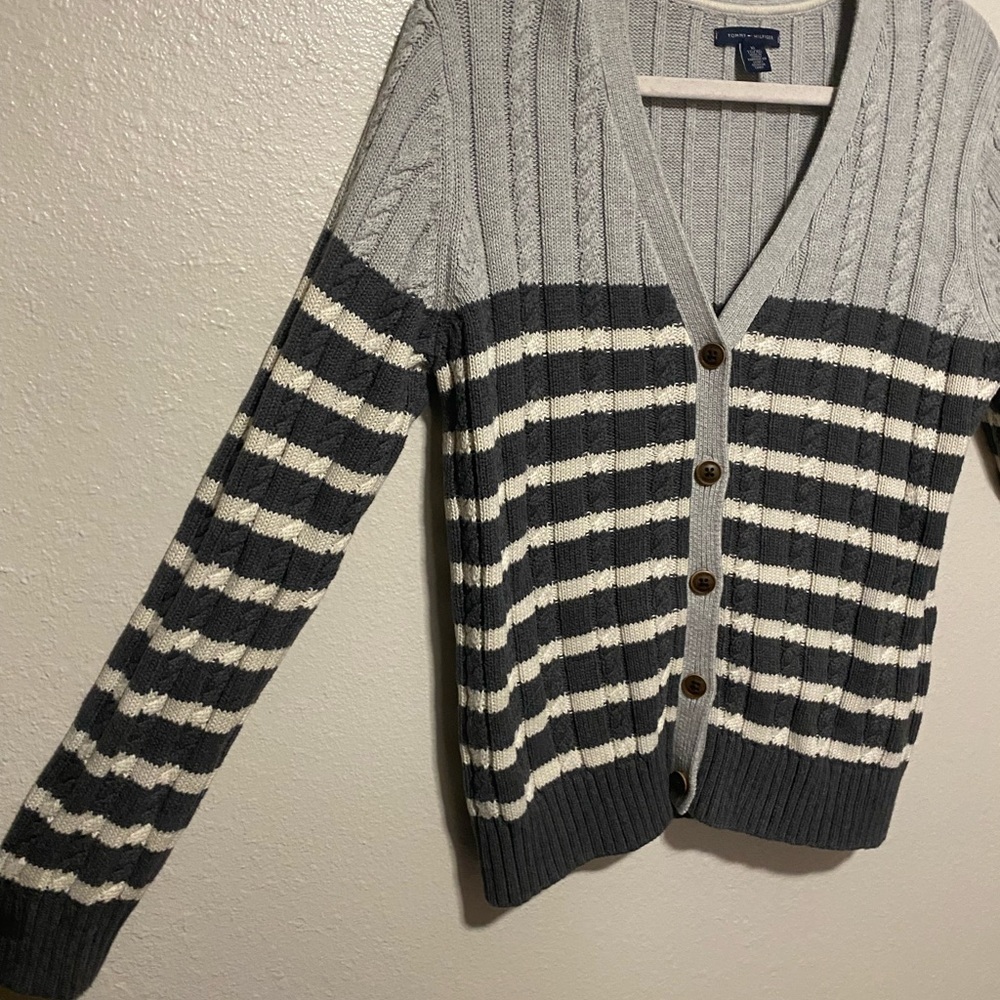 Tommy Hilfiger Gray Striped Cable Knit Cardigan Sweater XL Cotton Preppy - Picture 4 of 4